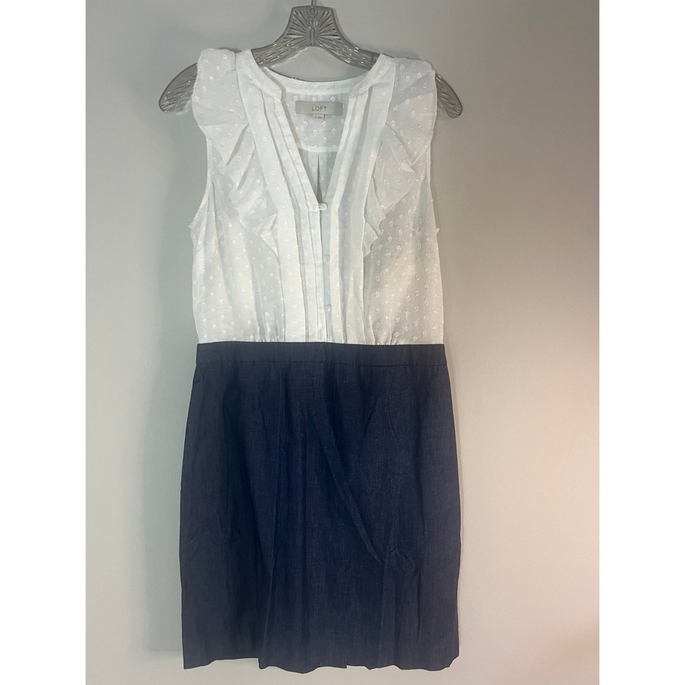 Ann‎ Taylor Loft White Swiss Dot Ruffle Navy Blue Skirt Mixed Media Dress 6